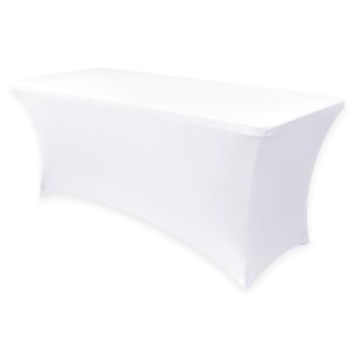 Image of Obstal Spandex Table Cover 6ft Fitted Tablecloth Rectangular - Stretch Rectangle Folding Table Cloth for Birthday Party Wedding Banquet, White, 72L x 30W Inch