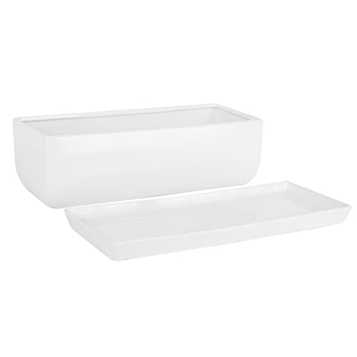 Vencer 14 Inch Rectangular Modern Minimalist Ceramic Succulent Planter Pot - Window Box with Saucer,Office Desktop Potted Stand,White,VF-0173W - Thumbnail 3
