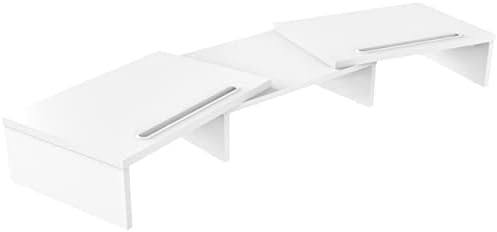 FITUEYES Dual Monitor Stand with 2 Extra Phone Holder, Wood PC Laptop Computer Screen Riser, 3 Shelf Swivel Length Adjustable, Home Office Supplies Desk Organzier, Max Load 25kg, White