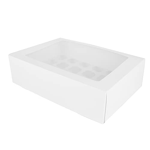 O'CREME 14 Inch x 10 Inch x 4 Inch High Rectangular Cupcake Box All White with Clear Window and Insert for 24 Mini Cupcakes - Pack of 100