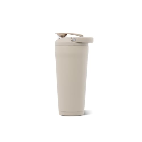 Image of HydroJug Insulated Protein Shaker Bottle 24 oz, Silent Mixing, Dune | Leak-resistant, triple wall insulated, flip-top cap, antimicrobial Tritan lid, bucket handle, cup holder fit, dishwasher safe