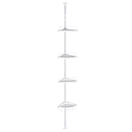 T LOVENDO.ES Estantería de esquina ducha o bañera telescópica sin taladro de pie esquinera. Extensible altura ajustable. 4 baldas. Desde 85cm a 260cm. Acero y plástico. Blanca