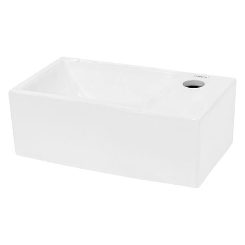 ECD Germany Lavabo en Céramique Blanc 350x205x125 mm, Rectangulaire, sans Kit de Vidange, Trou de Robinet à Droite, Vasque à Poser Suspendu, Mini Lave-Mains...