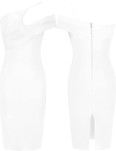 Uonbox Women's Cut Out One Shoulder Sleeveless Split Club Party Fashion Bandage Dress (S, White) #TOP3