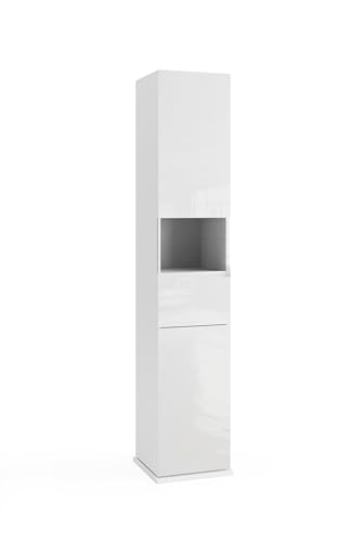 Robas Lund Basic Badezimmer Hochschrank, Modern, 360° Drehbar, 35x185x35 cm, Weiß Hochglanz, mit Spiegel, 2 Türen und Schublade Robas Lund Basic Badezimmer Hochschrank, Modern, 360° Drehbar, 35x185x35 cm, Weiß Hochglanz, mit Spiegel, 2 Türen und Schublade