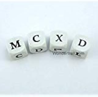 WKP09967E4 Roman Numeral Dice D6 16mm (5/8in) Numbers V-X-L-C-D-M White with Black Numbers Set of 4 Dice Koplow Games