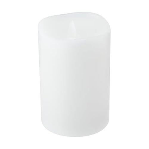 Image of Mikasa LED Wax Pillar Candle, 4x6 Inch White Wavy Flameless Candle with Dancing Flame Effect and 5-Hour Timer - Battery Operated Real Wax Candle for Home Decor