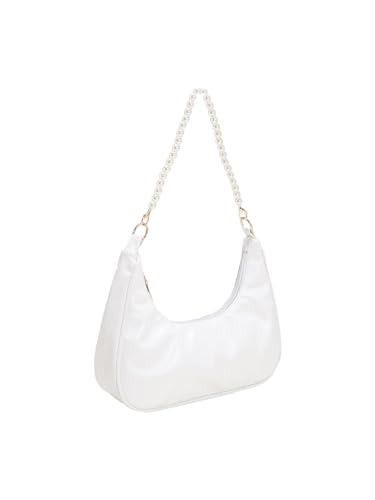 Image of SweatyRocks Women's Pearls Chain Top Handle Shoulder Bags PU Leather Zipper Hobo Bags Clutch Purses White One-Size