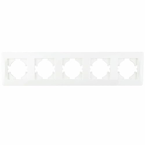Empotramiento blanco, marco 5 elementos, diseño horizontal, ideal para instalaciones eléctricas decorativas y funcionales.