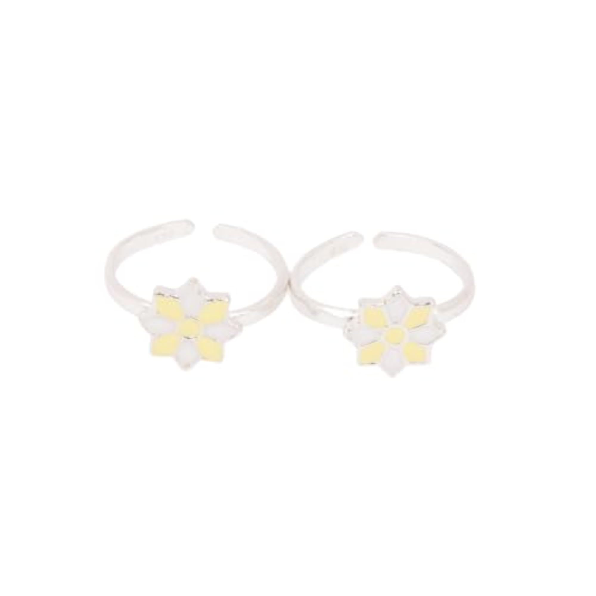 Women's Adjustable Silver Toe Ring Pair, Yellow Bloom Design