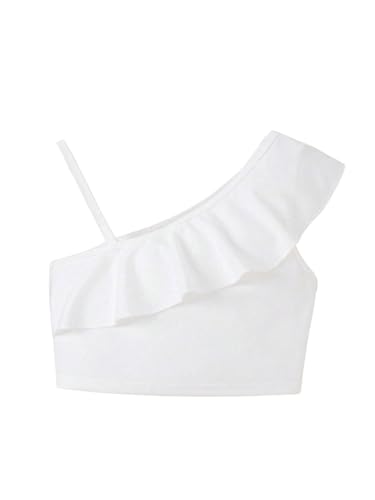 SweatyRocks Girl's Crop Tank Tops Asymmetrical Neck Ruffle Fitted Cute Summer Sleeveless Tops2