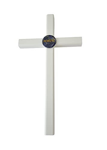 Cruz de madera de arce lacada en blanco de 26x14 cm con sodalita