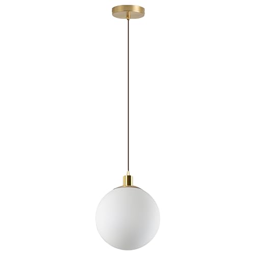 HJXDtech Suspension Minimaliste en Verre avec Boule Blanche Givrée,Lampe Suspendue Moderne,Fixations en Laiton,Fil Flexible Tressé,Plafonnier Pour Cuisine...