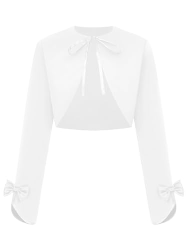 Sholeno Kids Girls Elegant Stain Bolero Shrug Lace-up Ribbon Long Sleeve with Bow Curved Open Front Dress Cover up3