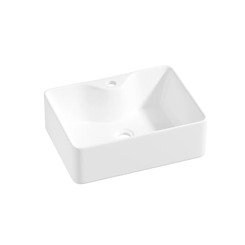 Eridanus Évier carré en céramique à poser sur le plan de travail pour salle de bain, lavabo contemporain carré en porcelaine vitreuse, blanc brillant, 400 x 300 x...