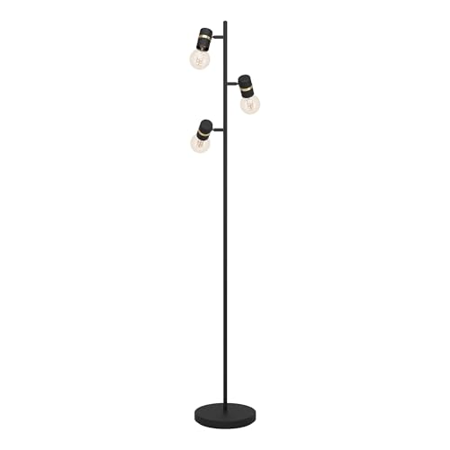 Eglo Lampadaire sur pied Lurone, luminaire de sol avec 3 spots orientables, lampe de salon à pied en métal noir et laiton, douille E27