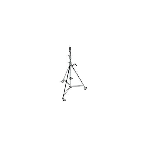 Avenger 12.8' Wind Up 39 Cine Stand with Braked Wheels, 3 Sections, 2 Risers and 1 Leveling Leg, Chrome Steel