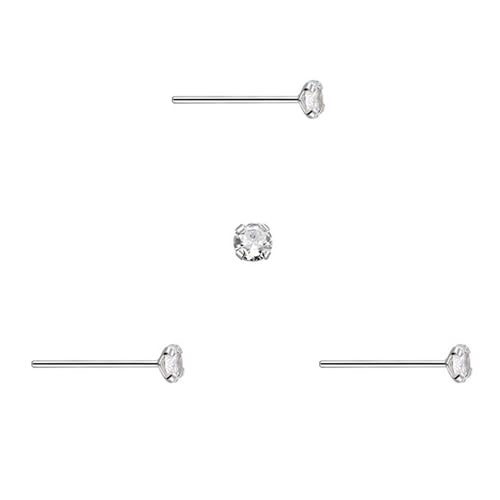 DENI 3 pendientes nariz palo recto de plata, piedra zirconia cubica redonda brillante muy pequeña 1mm, palo fino 0,6mm