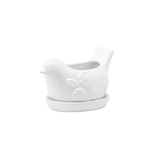 Napco Floral Bird 6.25 x 4 x 2.5 inches White Ceramic Flower Succulent Plant Pot Planter Container Holder with Saucer Tray, Indoor Outdoor Garden Décor