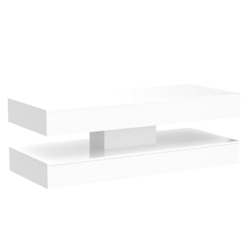 Uspeedy 47.3in Large High Glossy LED Coffee Table with 2 Storage Drawers,Black/White Modern Coffee Tables for Living Room,Living Room Tables,APP LED Lights (White)