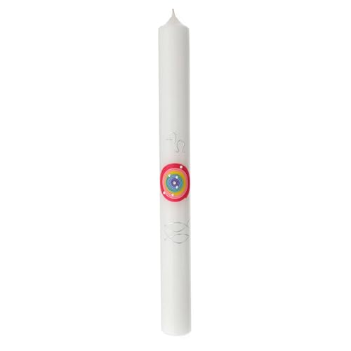 Baptismal Candle, Rainbow-Coloured Circle, Alpha and Omega, 400x40 mm