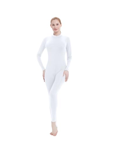 Kninmdor Women Unitard Dance Bodysuit Nude High Neck Turtleneck Jumpsuit Dancer Leotard White Full Body Suits Flesh Long Sleeves One Piece (White-L)