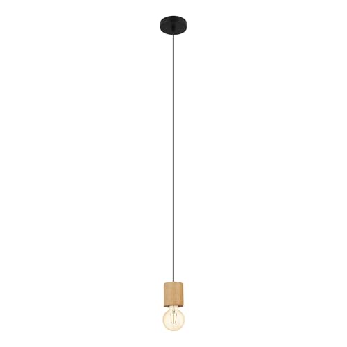 EGLO Pendelleuchte Turialdo, 1 flammige Schnurpendel Hängelampe Industrial, Vintage, Hängeleuchte aus Holz und Stahl in Natur, Schwarz, Esstischlampe, Wohnzimmerlampe hängend mit E27 Fassung