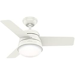 Ventilador Dante Hunter HUNTER FAN, Ventilador de Techo con Luz y Control Remoto para Interiores, Finley, 3 Aspas Reversibles, Color Blanco, 91 cm, Ideal para Verano e Invierno, Modelo 50644