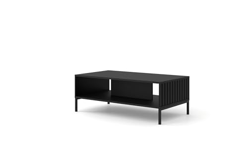 Homlando Table basse Wave 90 x 60 cm avec façades en MDF fraisé et étagère, table d'appoint sur pieds en métal (noir)