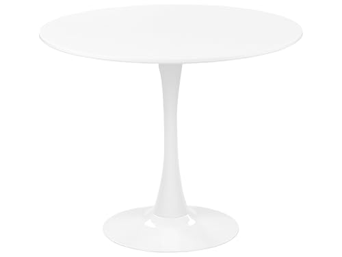 Beliani Table Blanche avec Plateau Rond 90 cm en MDF et Pied Unique en Métal Design Traditionnel...