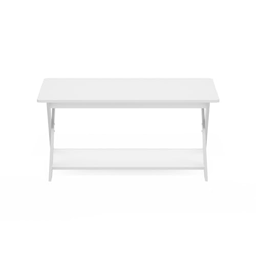 Image of Furinno Modern Simplistic Coffee Table, 2-Tier Rectangle Center Table with Open Shelf and X-Legs, Criss-Crossed Side Table, for Living Room, Bedroom, Home Office, White