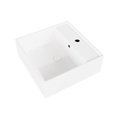 Eridanus Fregadero de cerámica para colgar en la pared, lavabo rectangular blanco brillante con desbordamiento, lavabo de porcelana vítrea para tocador de baño, 410 x 410 x 150 mm