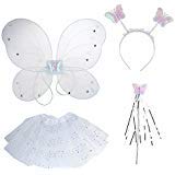 Lux Accessories White Fairy Mini Skirt Butterfly Wing Head band Cosplay Party Costume Set (3pcs)