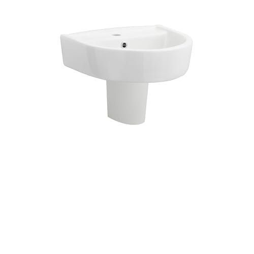 Balterley 420mm Bathroom Sink, Semi Pedestal Ceramic Round Bowl Bathroom Wash Basin Sink with Overflow, 1 Tap Hole, Wall Mounted Basin Sinks for Cloakroom - 420 x 380 x 450mm (White)