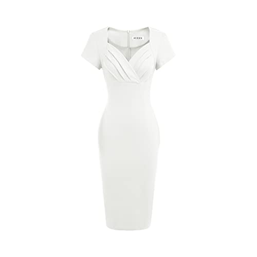MUXXN Pencil Dress for Women Elegant Short Sleeve Bodycon Midi V Neck Sheath Evening Dresses White L