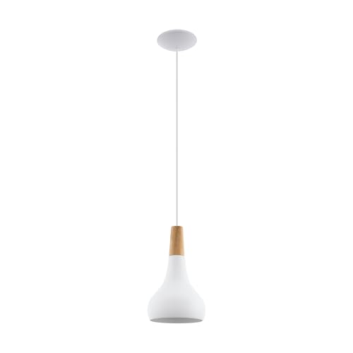 EGLO Pendellampe Sabinar, 1 flammige e Pendelleuchte, Hängelampe aus Stahl und Holz, Farbe: Weiß, braun, Fassung: E27, Ø: 18 cm