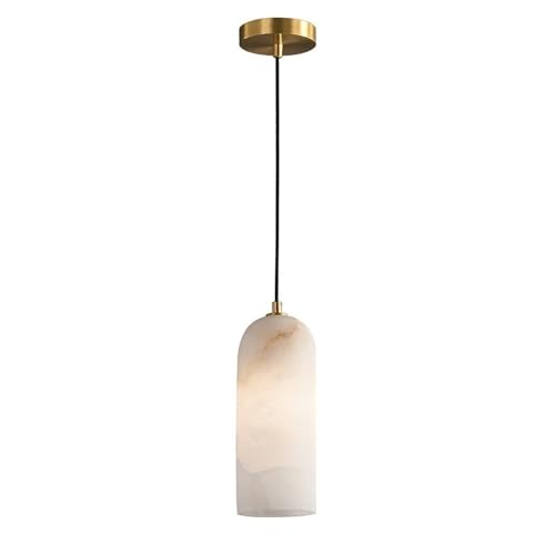 Nordic Spanish Marble LED Pendant Lamp, Brushed Brass Copper Dome Hanging Light for Bedroom Bedside, Modern Dining Room Chandelier, Kitchen Island Ceiling Fixture, Sloped Canopy Compatible