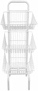 Retail Shop Supermarkets Basket Plastic Shopping Basket With Wheels And Telescopic Handle, Plastic Shopping Baskets, Stacking Baskets (White 3 Tier Display Stand)