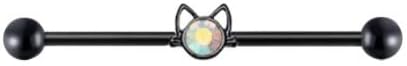 14G Industrial Stainless Steel Barbell with Black Cat Face & Gem - 14 Gauge Cartilage Industrial Ear Piercing Jewelry, silver