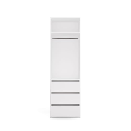 CDF Armario de 60 cm, Blanco, con cajones y Barra para Colgar Ropa – Armario con 3 cajones, Sistema de estanterías Abiertas, Armario Modular para Dormitorio o vestidor, 60x50x200 cm