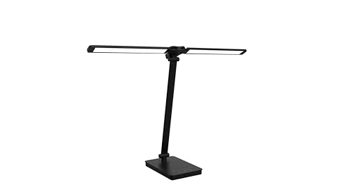 Akynite Lámpara de Escritorio LED para Oficina en Casa, Altura Ajustable con Doble Cabezal, 5 Modos de Color 10 Niveles de Brillo, Lámpara de Mesa con Puerto USB para Lectura, Estudio y Manualidades