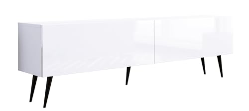 3E 3xE living.com Meuble TV : Deux Portes, Deux étagères, Couleur : Blanc Mat/Blanc Brillant, Pieds Noirs D : L : 170 cm, H : 52 cm, P : 32 cm