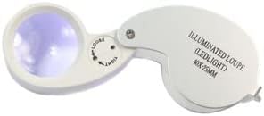Small Handheld Pocket Jewelers Loupe Jewelry Loop 40X 25 MM Lighted Magnifier Magnifying Glass Eye Lens Pieces with Illuminated Led Light and Case Chrome Finish Folding for Reading, Coins, Hobby