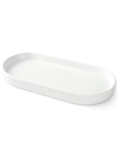 Matte White Ceramic Bathroom Tray for Countertop, Minimalist Vanity Organizer Dish for Perfume, Jewelry & Soap, Oval Decorative Tray for Bathroom Sink, Dresser, Coffee Bar or Kitchen Counter