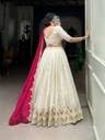 Image of Suppar Sleave Women's Embroidered Vichitra Silk Lehenga Choli Dupatta Set Semi-Stitched Blouse and Fit & Flare Style