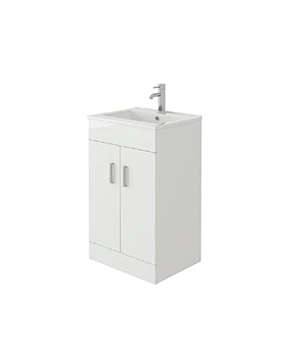 VeeBath VUMW50 Sphinx High Gloss White Free Standing Basin Vanity Cabinet Unit with 2 Swing Doors and Rectangular Sink-500mm (Flat Pack)