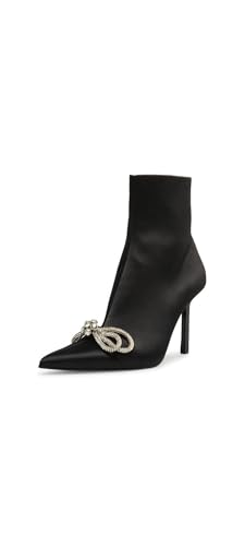 Steve Madden Elegant Black Satin Stiletto Heel Pointed Toe Rhinestone Bow Bootie