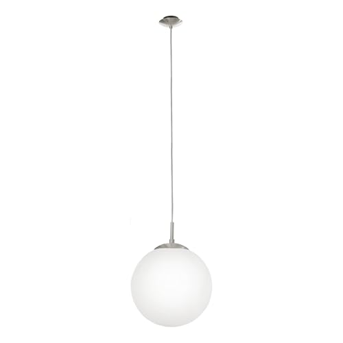 Eglo Lámpara colgante RONDO, lámpara de suspensión con 1 bombilla, lámpara colgante de acero, color níquel mate, vidrio ópalo mate blanco, casquillo E27, diámetro 30 cm