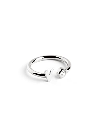 SINGULARU - Anillo Personalizado Letter Spark Plata. Ajustable. Plata de Ley 925 con Acabado Baño de Rodio. Talla Unica. Joyas para Mujer. Letra V