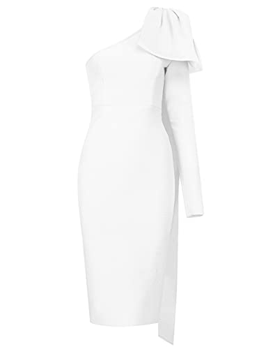 Image of UONBOX Women's One Shoulder Bowknot Long Sleeve Bodycon Knee Length Club Party Bandage Dress